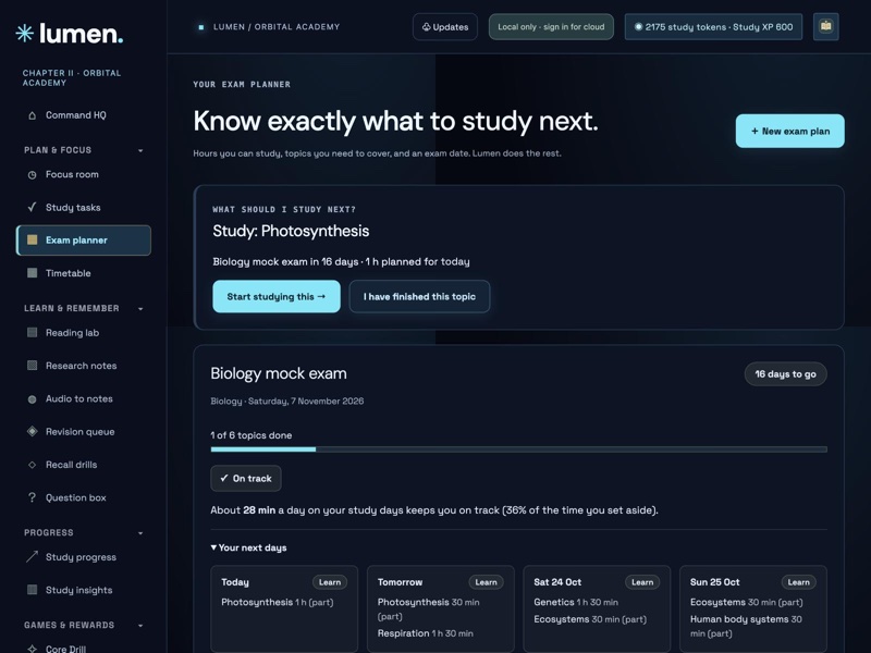Study Hamlet exam planner showing what to study next and a day-by-day revision plan