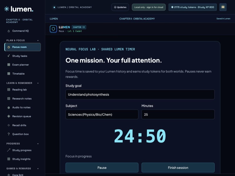 Study Hamlet focus timer beside the animated study-token display