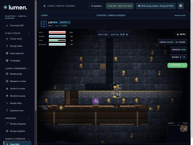 Core Drill gameplay: a mining rig underground with ore and an enemy nearby
