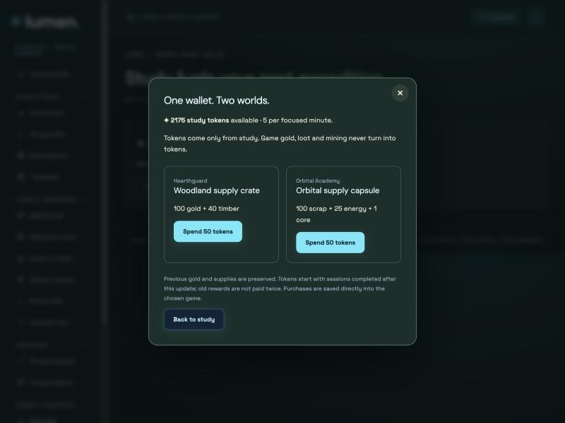 The study-token shop where focus time buys supplies for either game