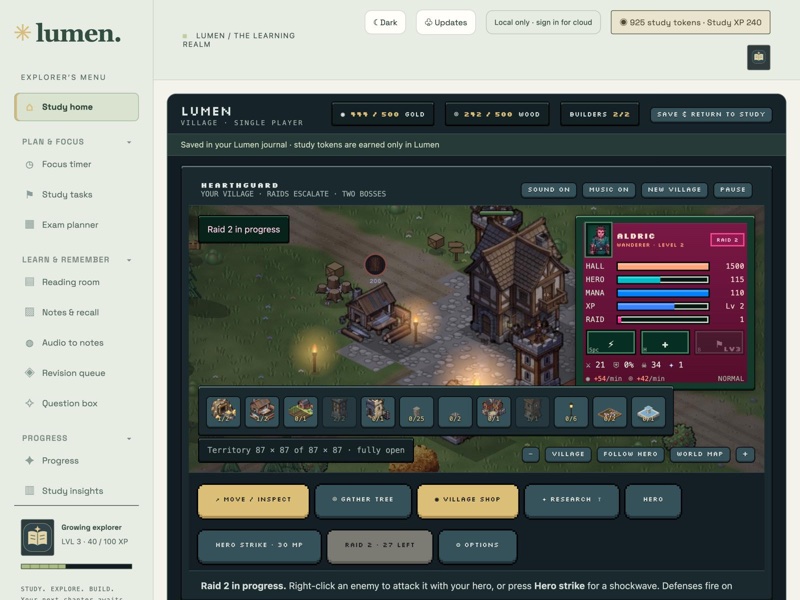 Hearthguard village with buildings, a hero panel and the build bar