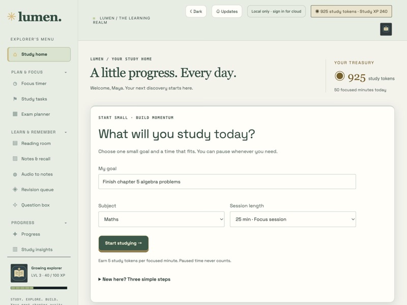 Study Hamlet Chapter I study home in the green light theme with a study goal and the token treasury